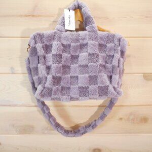 NWT Vimoda Paris Crossbody Purse Bag Lavender Checker Fluffy Sherpa Fuzzy Zip